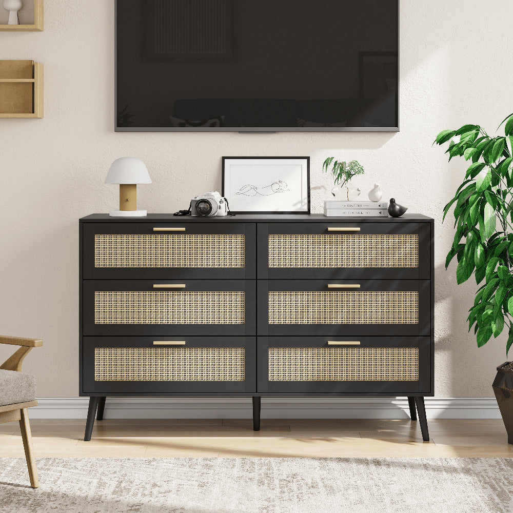 Hommoo Rattan 6 Drawers Chest of Dressers for Bedroom Modern 6 Drawer Dresser, Wide Chest of Drawers Image 1