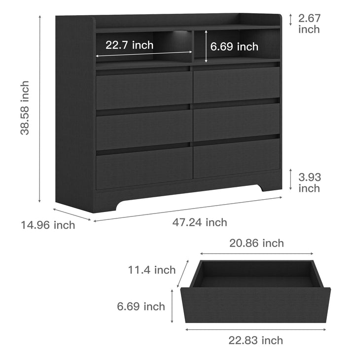 Hommoo Large Dresser for Bedroom with LED Light, Chests of Drawers with 6 Wooden Drawers Image 3