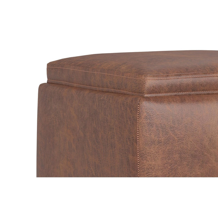 Natasha Ottoman Distressed Vegan Leather with Tray Mid-Century Storage Furniture Image 4