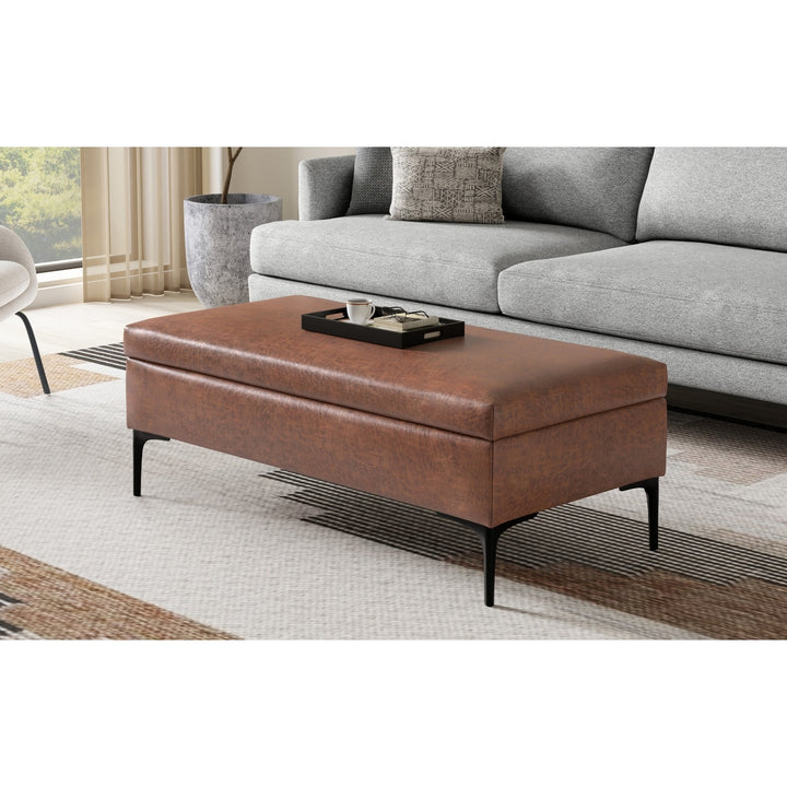 Rebecca Large Coffee Table Storage Ottoman Distressed Vegan Leather Lift Lid Image 2