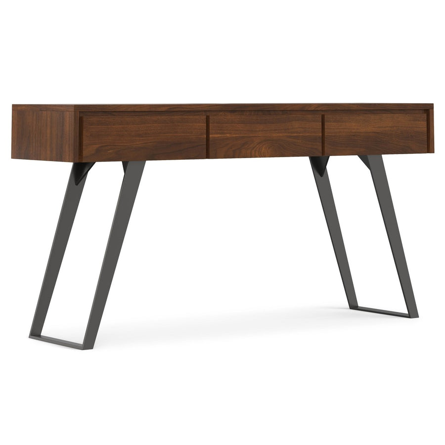 Lowry Console Sofa Table Walnut Solid Wood with Metal Legs 3 Drawers Storage Image 1