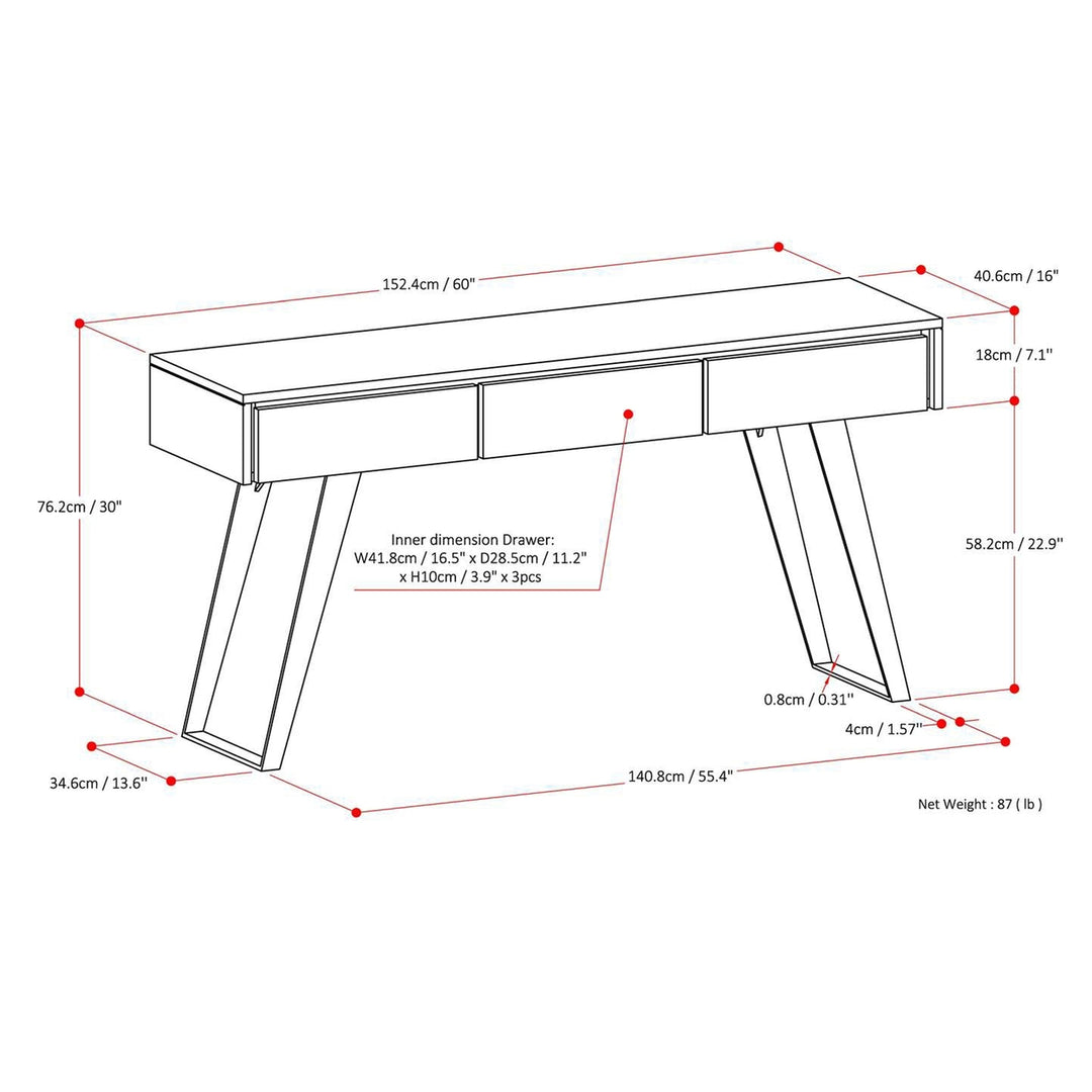 Lowry Console Sofa Table Walnut Solid Wood with Metal Legs 3 Drawers Storage Image 12