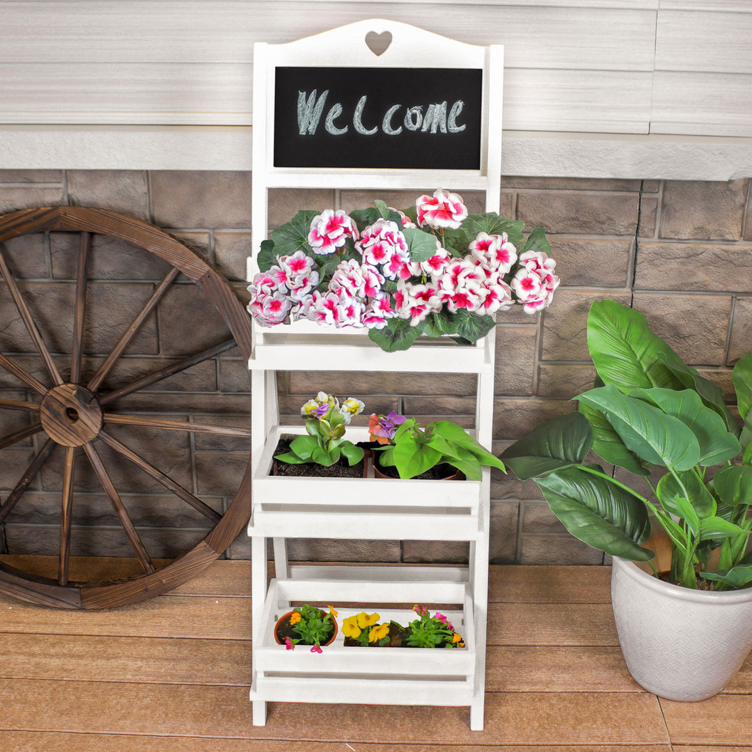 Sunnydaze Country Heart Ladder Plant Stand with Chalkboard - White Image 3