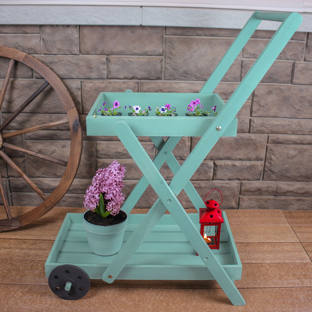 Sunnydaze 2-Tier Fir Wheeled Planter Stand - Robin Egg Blue Image 5