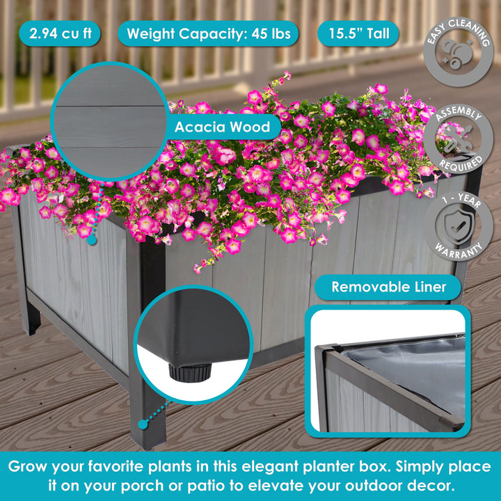 Sunnydaze Acacia Steel-Frame Planter Box with Planter Bag - 15.5" H - Gray Image 2