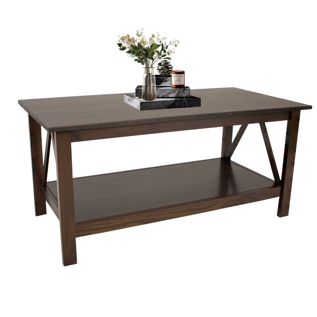 Sunnydaze Solid Pine Coffee Table with Shelf - Dark Brown - 43.5 in Image 9