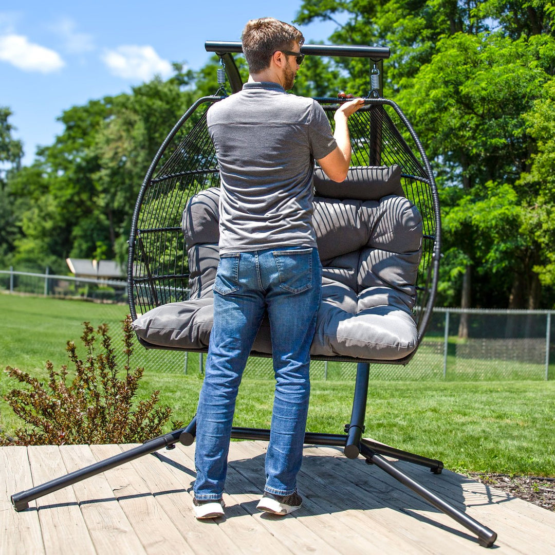 Sunnydaze Polyrattan Andrei Double Egg Chair with Stand and Cushion - Gray Image 9