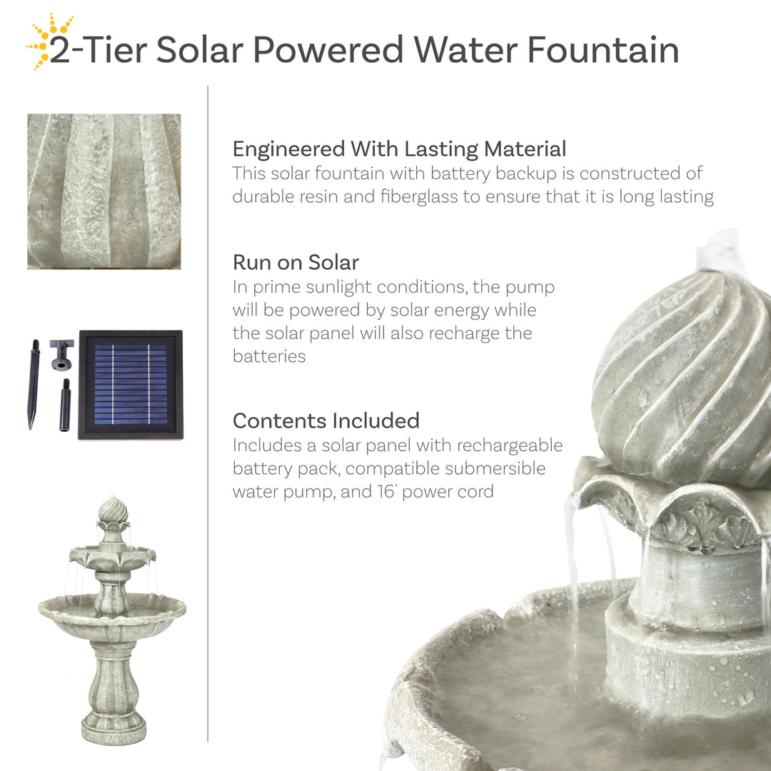 Sunnydaze Resin Outdoor 2-Tier Solar Water Fountain with Battery - White Image 2