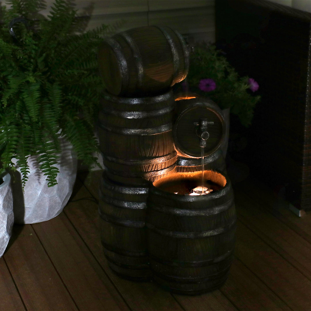 Sunnydaze Stacked Rustic Barrel Water Fountain with LED Lights - 29 in Image 5