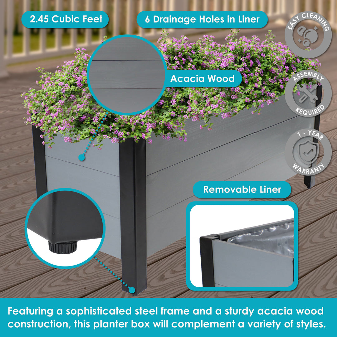 Sunnydaze Acacia Wood Raised Garden Bed with Planter Bag - 14.75" H - Gray Image 2