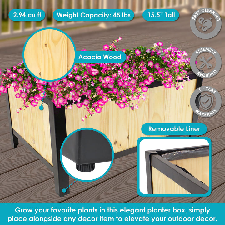 Sunnydaze Acacia Planter Box with Planter Bag - 15.5" H - Natural Image 2