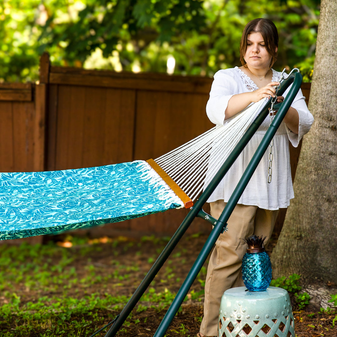 Sunnydaze Large Quilted Hammock with Spreader Bar and Pillow - Blue Tropics Image 9