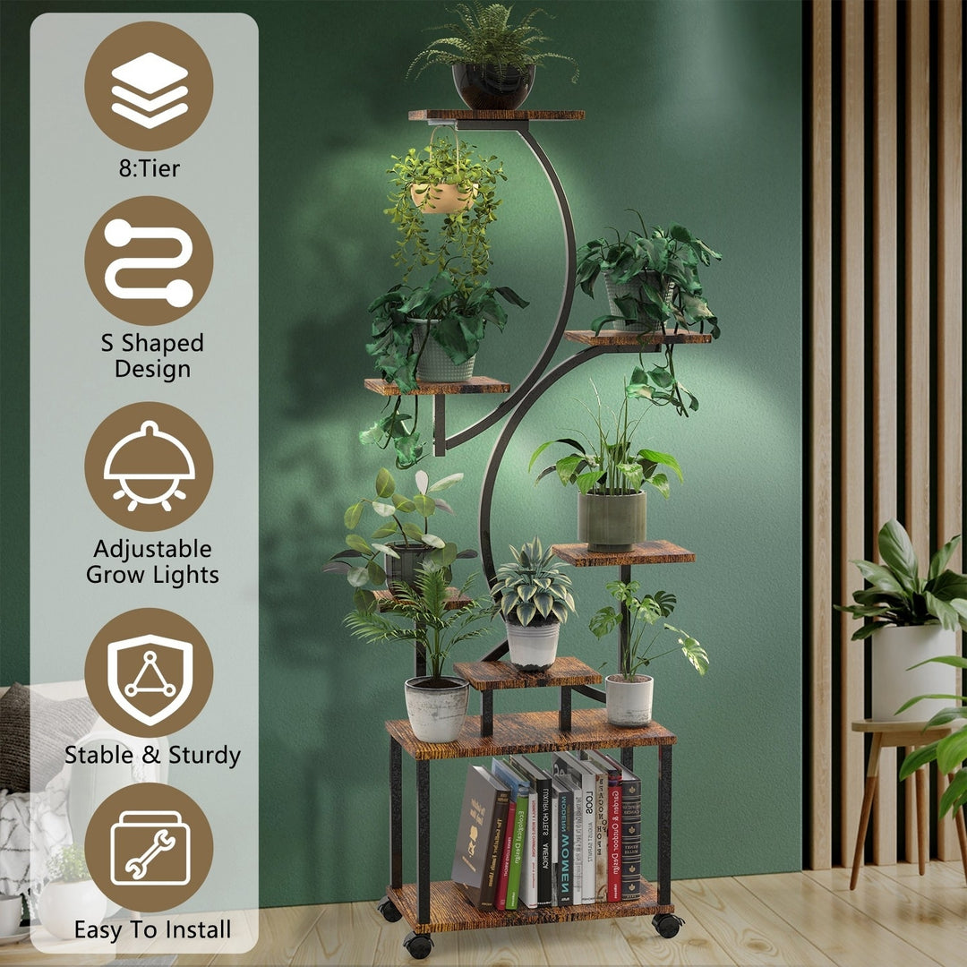 8 Tiered Plant Stand Indoor With Grow Lights S-shaped Lighted Plant Shelf 61.42in Plant Tower with 4 Lockable Wheels for Image 1