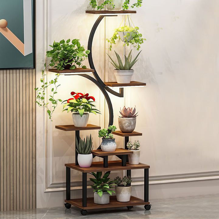 8 Tiered Plant Stand Indoor With Grow Lights S-shaped Lighted Plant Shelf 61.42in Plant Tower with 4 Lockable Wheels for Image 7