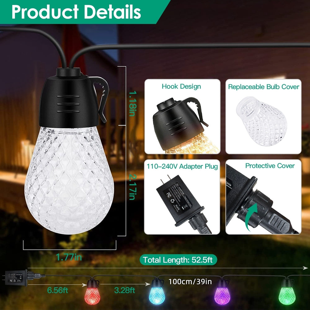 52.5FT Colorful Outdoor String Lights Smart RGB LED Patio Lights IP66 Waterproof Dimmable Hanging Light Bulbs APP Remote Image 2