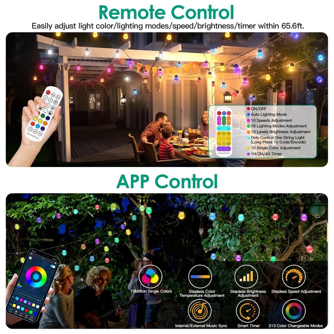 52.5FT Colorful Outdoor String Lights Smart RGB LED Patio Lights IP66 Waterproof Dimmable Hanging Light Bulbs APP Remote Image 4