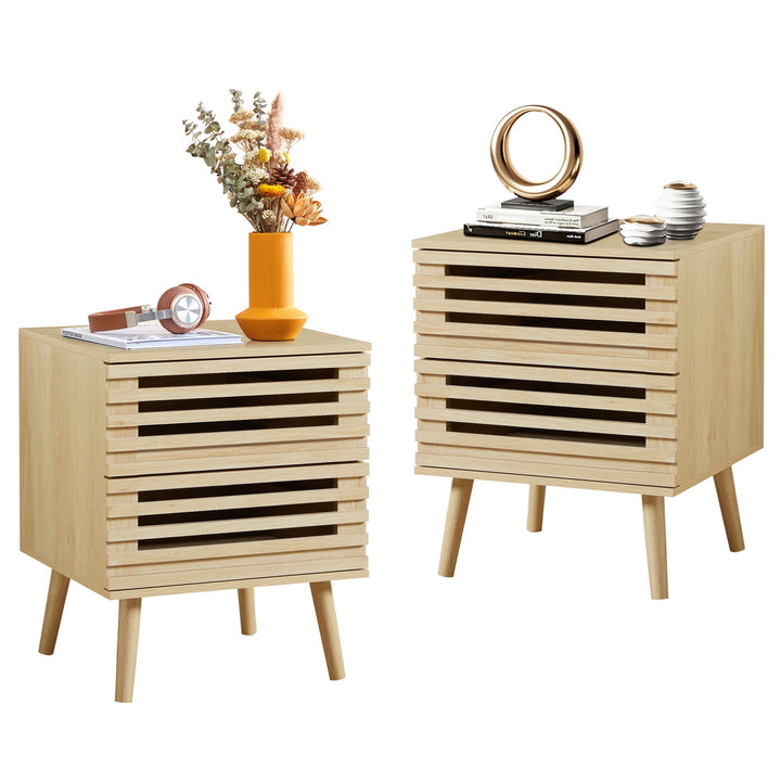 Hommoo Boho Set of 2 Bedside Table Natural Storage Nightstand for Bedroom with Hollowed-Out Drawers, Oak Image 1