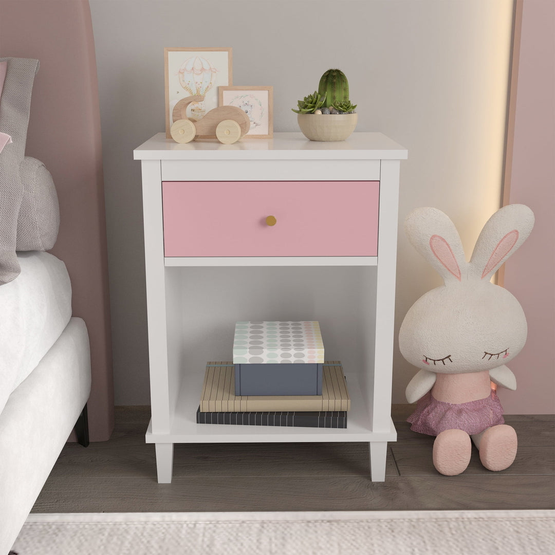 Hommoo Wooden Nightstand for Kids Bedroom with 1 Drawers and Open Cubby, GrayandPink Image 5