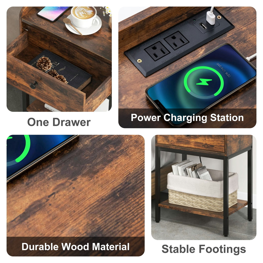 Hommoo Retro Nightstand wtih Charging Station, End Table Side Table with Drawers, Storage Cabinet for Bedroom, Living Image 4