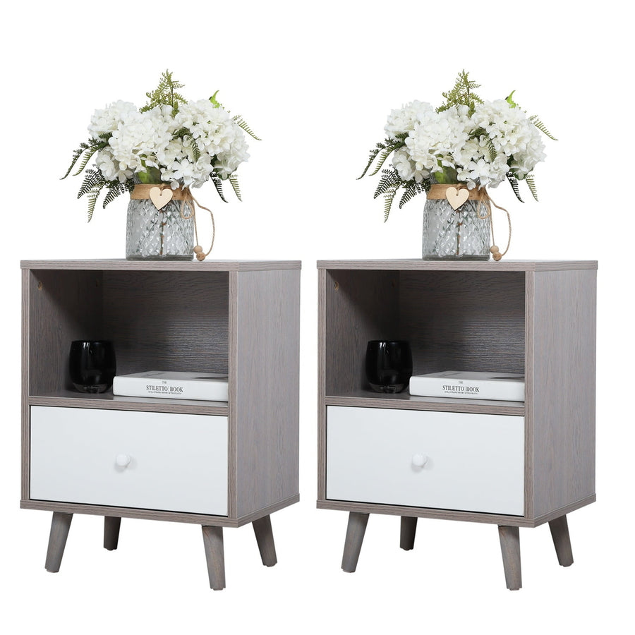 Hommoo Set of 2 Low foot bedside table with drawer storage compartment - gray, Night Stand Image 1