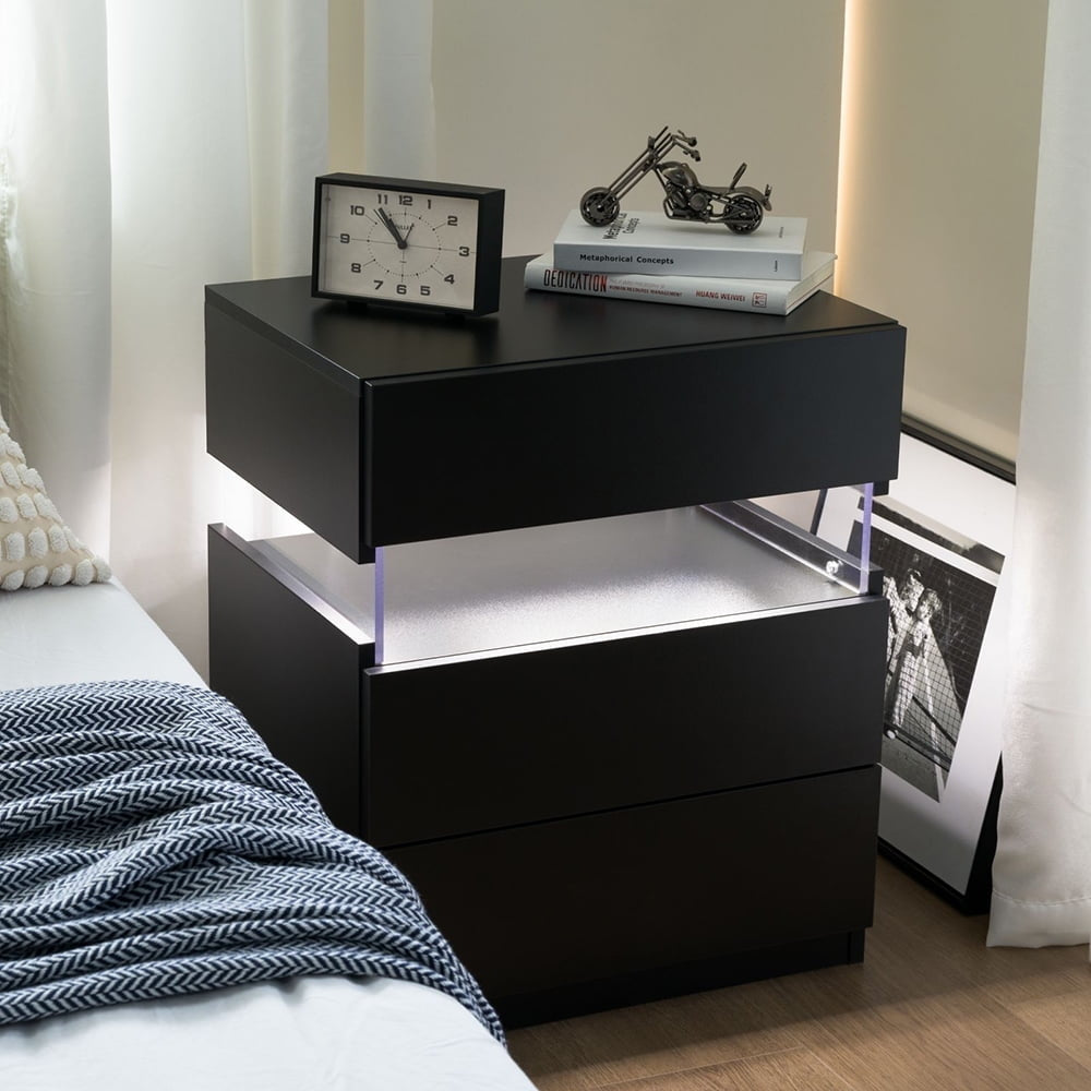 Hommoo Black LED Nightstand with Acrylic Board, 3 Drawer Storage, Remote Control RGB, Bedroom Furniture Image 1