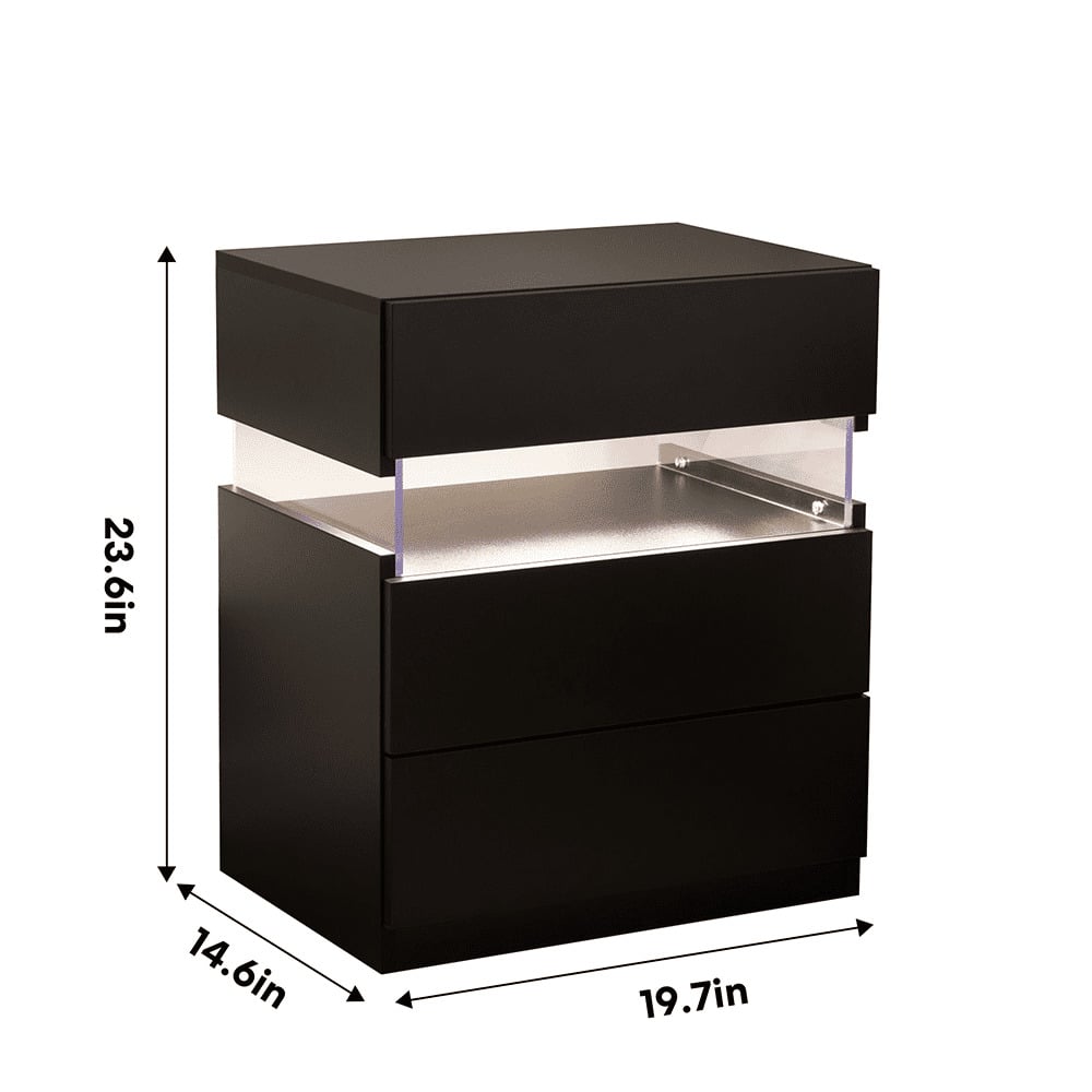 Hommoo Black LED Nightstand with Acrylic Board, 3 Drawer Storage, Remote Control RGB, Bedroom Furniture Image 2