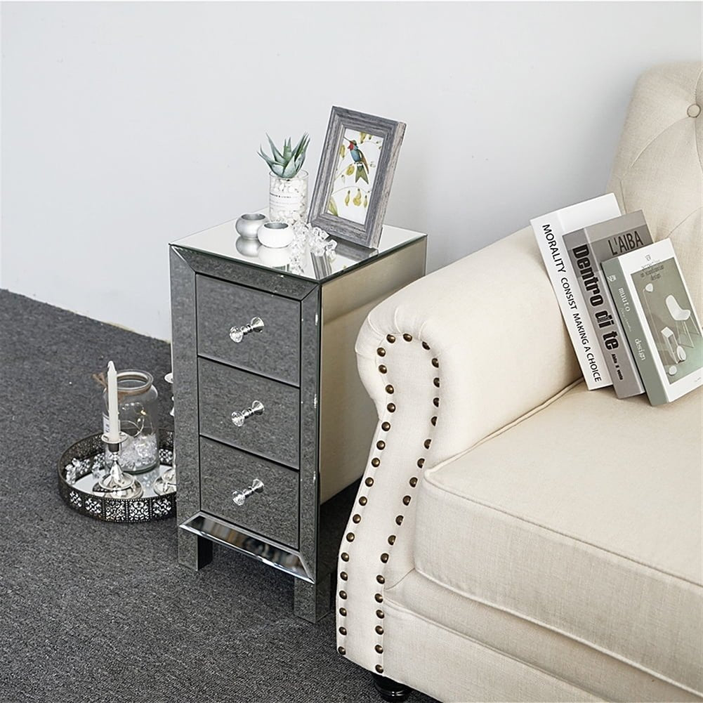 Hommoo Modern and Contemporary Mirrored 3-Drawers Nightstand - Silver Image 2