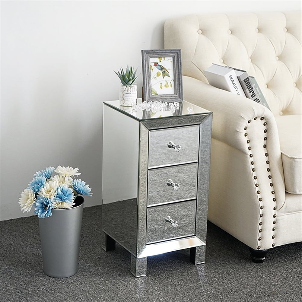 Hommoo Modern and Contemporary Mirrored 3-Drawers Nightstand - Silver Image 5