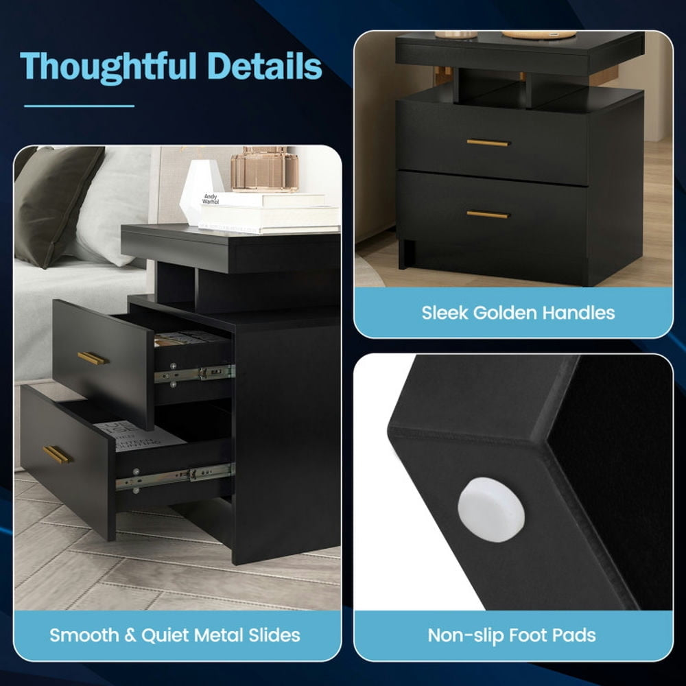 Hommoo Night Stand, Nightstand,Modern End table, LED Nightstand with 2 Storage Drawers for Bedroom-Black Image 2