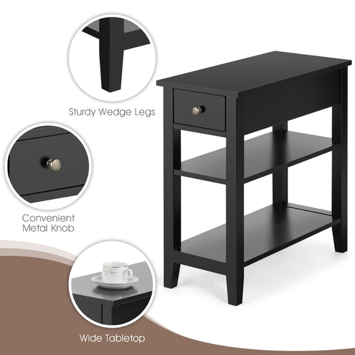 Hommoo Nightstand,Coffee Side Table,3-Tier Nightstand Bedside Table Sofa Side with Double Shelves Drawer-Black Image 4