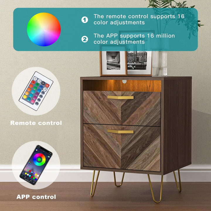 Modern Night Stand with Mobile APP Remote Light, Jointed Wood Grain Bedside Table for Bedroom Rustic Brown Image 1