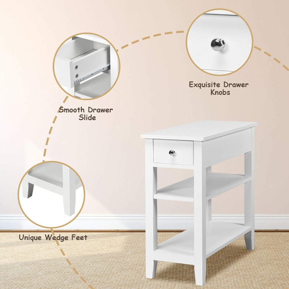 Hommoo Nightstand,Coffee Side Table,3-Tier Nightstand Bedside Table Sofa Side with Double Shelves Drawer-White Image 5