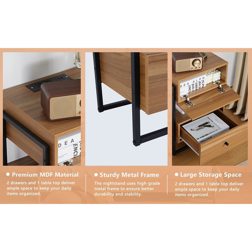 Hommoo 2 Storage Drawer Night Stand with Charger Station, Set of 2 Bedside End Table for Bedroom Vintage Brown Image 2