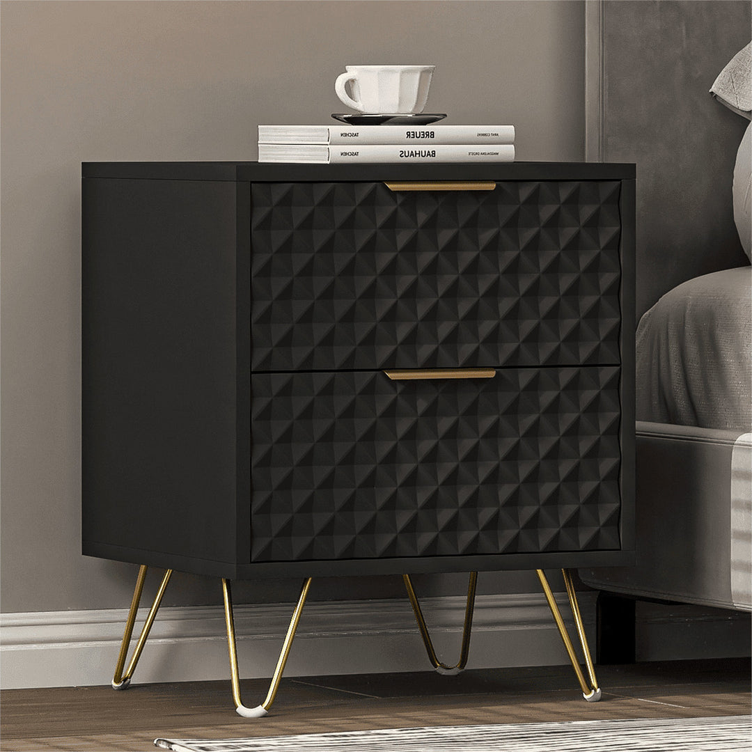 2 Drawer Bedroom Nightstand with Gold Metal Handle and Legs, Black Bedside Table Image 1