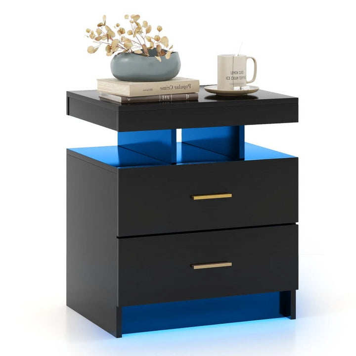 Hommoo Nightstand with 2 Drawers and Remote Control LED Light, Black Image 1