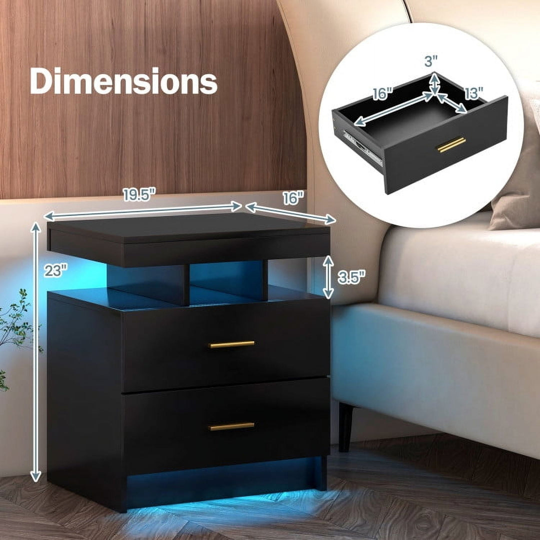 Hommoo Nightstand with 2 Drawers and Remote Control LED Light, Black Image 3