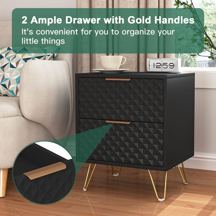 2 Drawer Bedroom Nightstand with Gold Metal Handle and Legs, Black Bedside Table Image 5