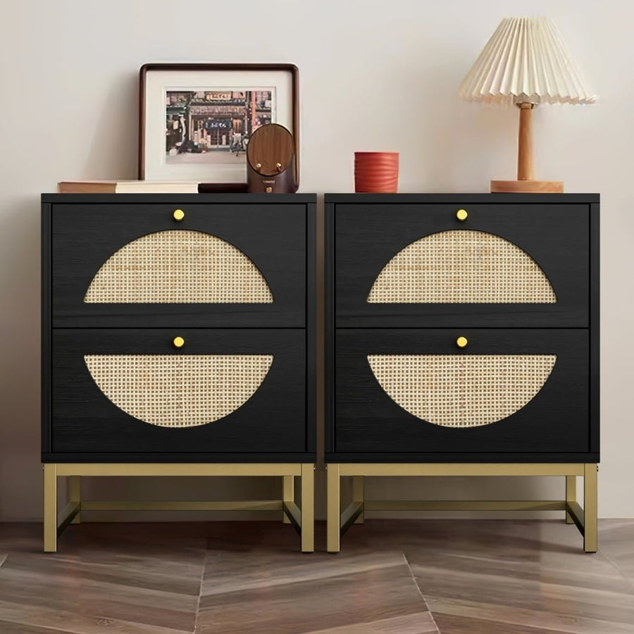 Hommoo Wooden Set of 2 Night Stands for Bedroom, Modern Drawer Chest with Metal Frame, Black Image 1