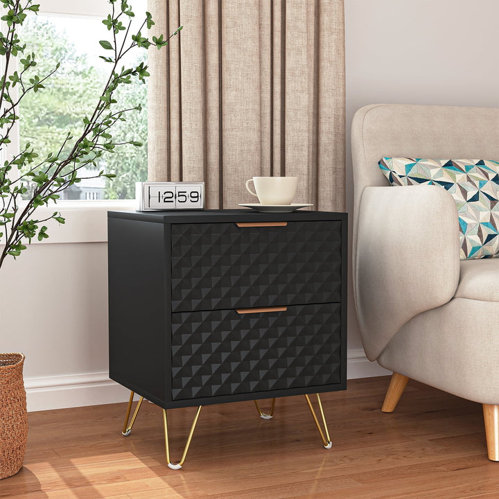 2 Drawer Bedroom Nightstand with Gold Metal Handle and Legs, Black Bedside Table Image 6