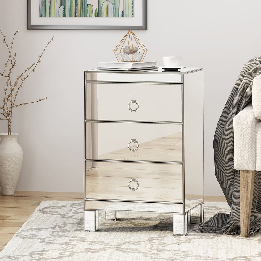 Modern Accent Mirrored End Table Nightstand with 3 Drawer for Bedroom Silver Image 3