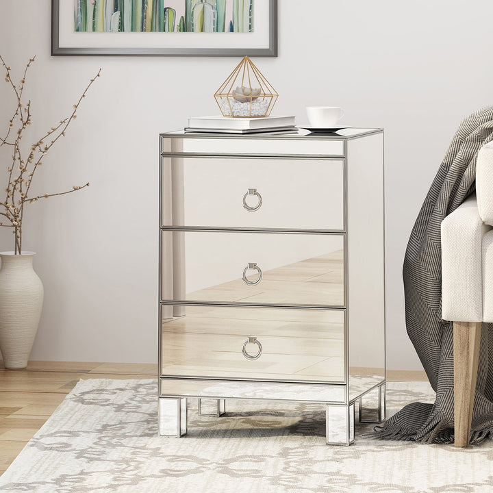 Modern Accent Mirrored End Table Nightstand with 3 Drawer for Bedroom Silver Image 3