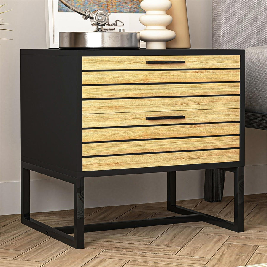 Hommoo Mid-Century Nightstand with Natural Accent Drawer for Bedroom, Metal Frame in Black Image 1