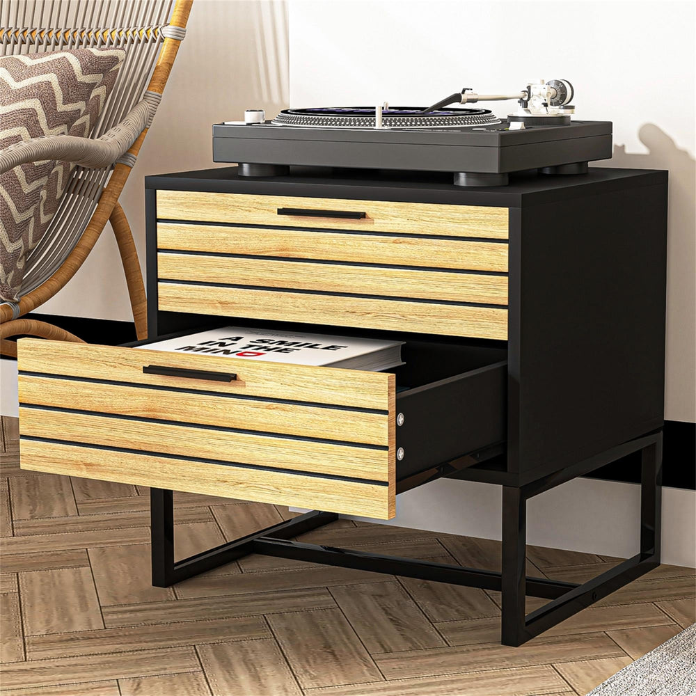 Hommoo Mid-Century Nightstand with Natural Accent Drawer for Bedroom, Metal Frame in Black Image 2