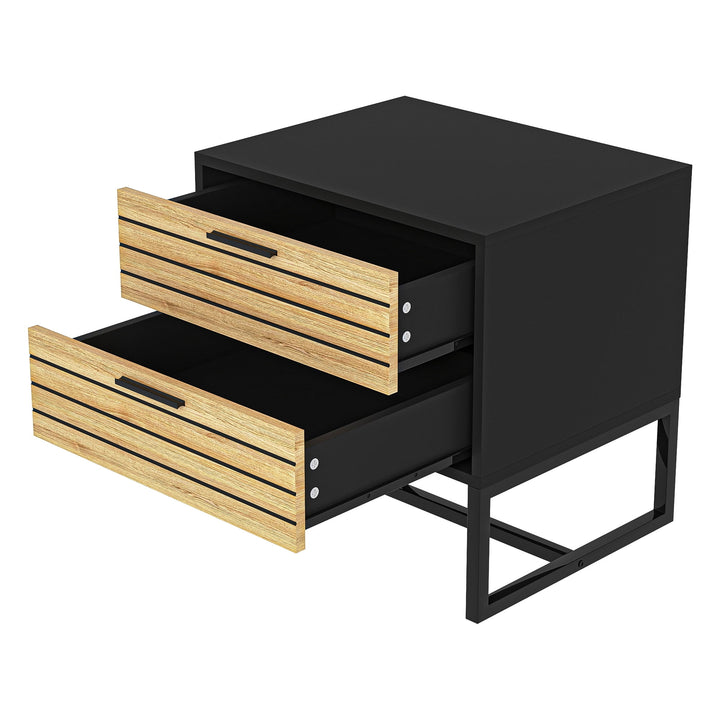 Hommoo Mid-Century Nightstand with Natural Accent Drawer for Bedroom, Metal Frame in Black Image 4