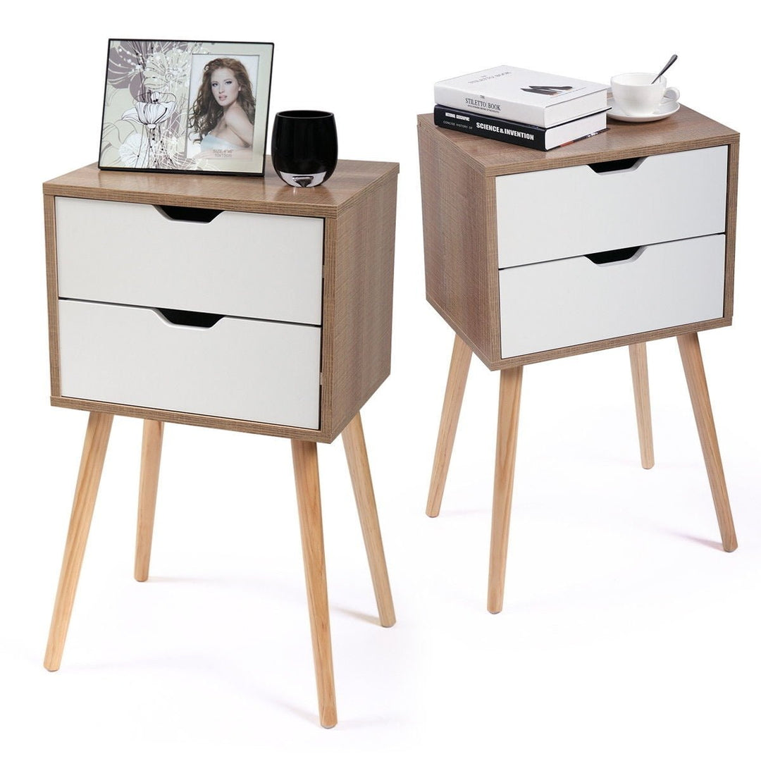 Hommoo Set of 2 Minimalist Bedside Table with Two Drawer Mini Saving Space Nightstands Bed Table - White Image 1