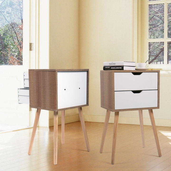 Hommoo Set of 2 Minimalist Bedside Table with Two Drawer Mini Saving Space Nightstands Bed Table - White Image 5