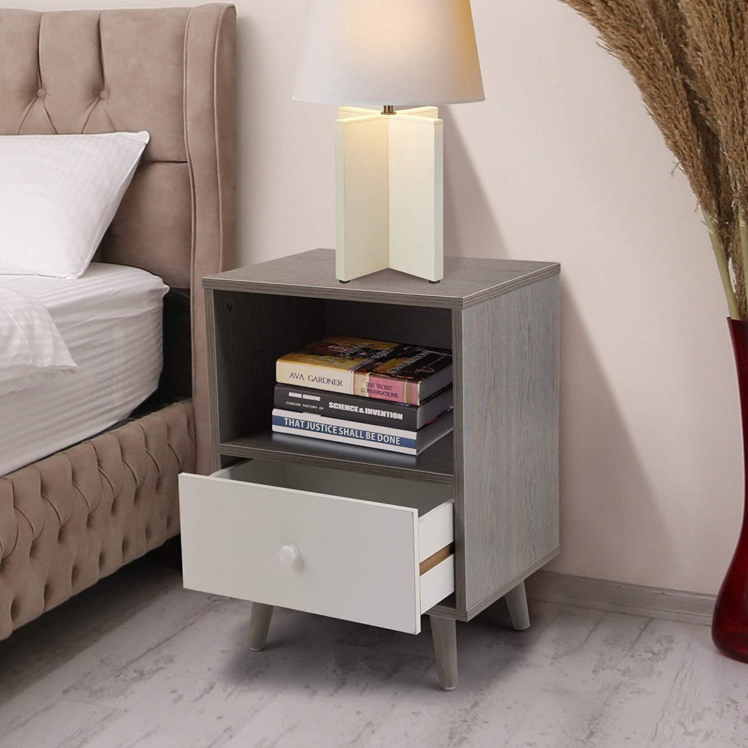 Modern Wood Nightstands with Drawer, Open Shelf and Solid Wood Legs, End Table for Living Room (2-Pack, Grey+White) Image 2