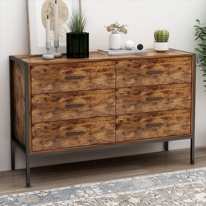 Hommoo Mid Century Modern 6 Drawer Dresser with Cutout Handle for Bedroom Walnut Image 1