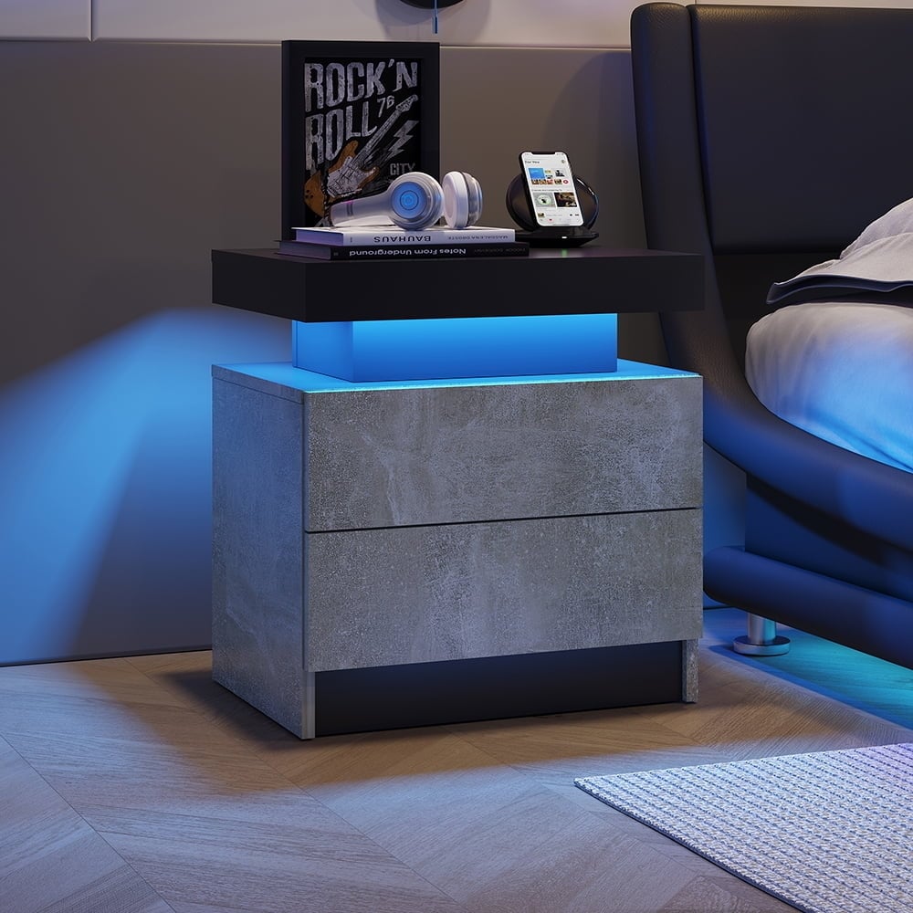 Hommoo Gray LED Bedside Table, Modern End Side, 2 Drawers, Adjustable Light, Space-Saving Design, 19.3"L x 13.7"W x Image 6