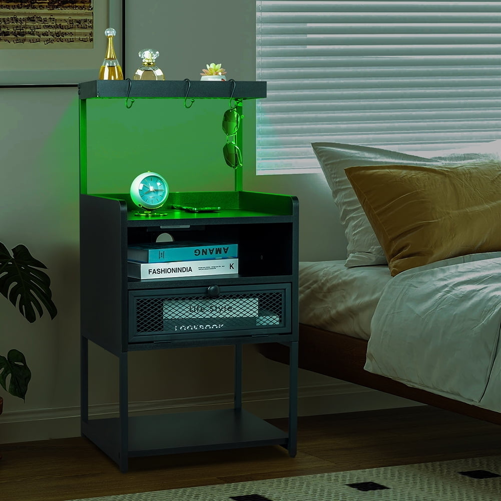 Nightstand with LightandPower Outlet, Accent Bedside Table with Solid Wood Legs for Bedroom White Image 4